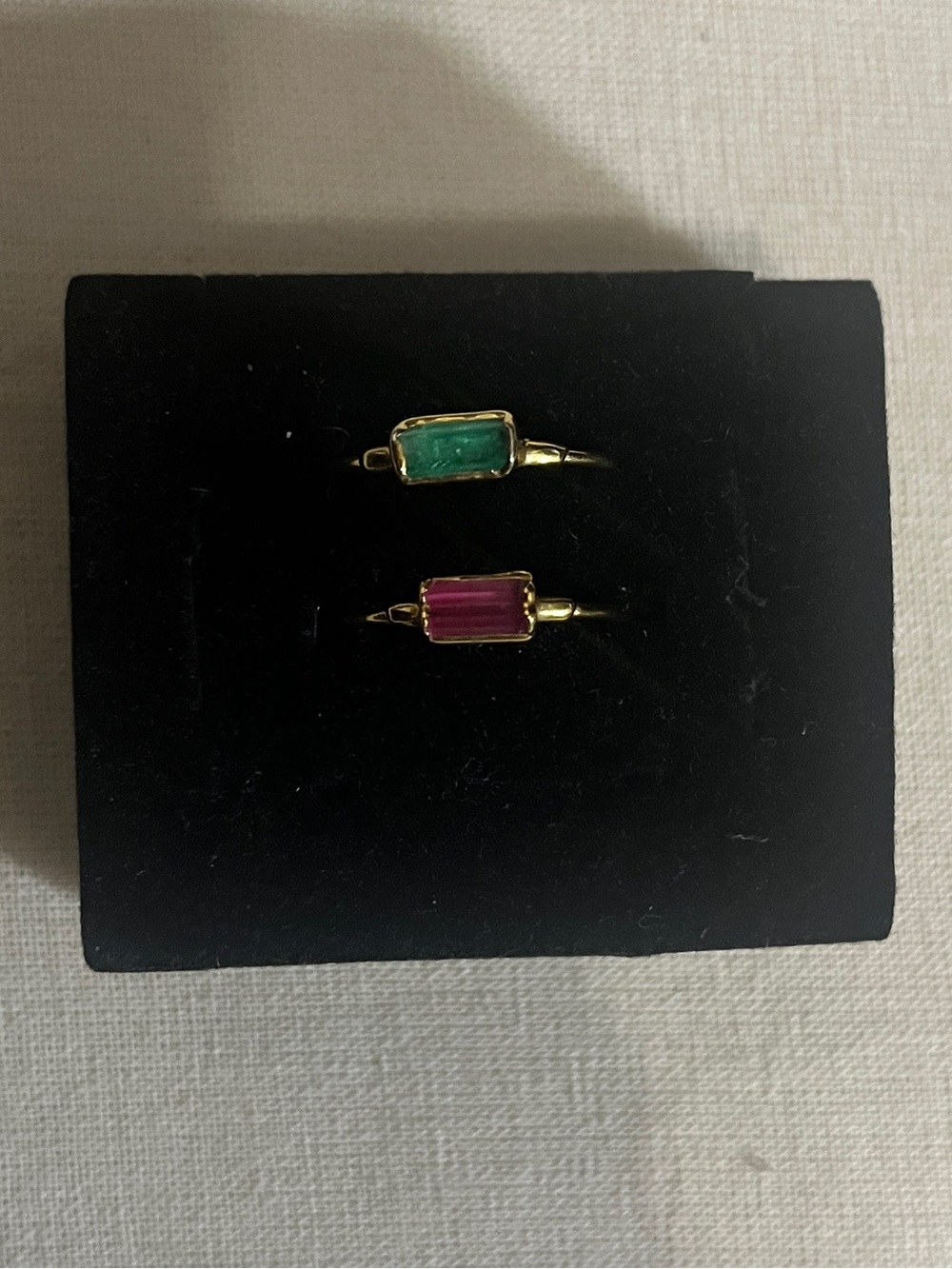 Ringcrush 24K Yellow Gold Filled Emerald and Pink Tourmaline Baguette Ring Set